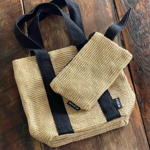 Wacoal Tan Woven Jute Cotton Tote Bag & Detachable Wristlet Double Black Straps